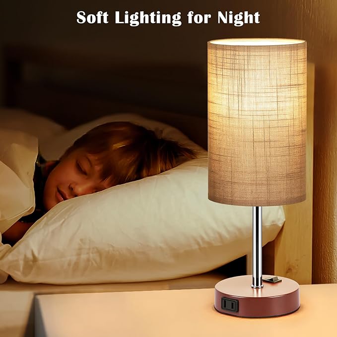 ZJOJO Table Lamp for Bedroom Set of 2, Bedside Small Lamps with 3 Way Dimmable Rocker Switch and AC Outlet, Nightstand Desk Lamp with Gray Fabric Shade Brown Base for Living Room Home Decor Lights - Bloomnest