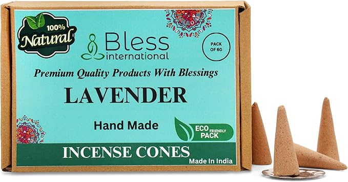 Bless International Lavender 100%-Natural-Incense-Cones Handmade-Hand-Dipped Organic-Chemicals-Free for-Purification-Relaxation-Positivity-Yoga-Meditation The-Best-scents (60 Count)