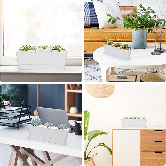 GREANER Flower Boxes, 3 Pack 12x3.8 Inch Rectangle Window Boxes, Herb Planters with Tray, Indoor Succulent Cactus Flowers Plastic Drawable Pot for Windowsill, Garden, Balcony, Office Outdoor (White) - Bloomnest