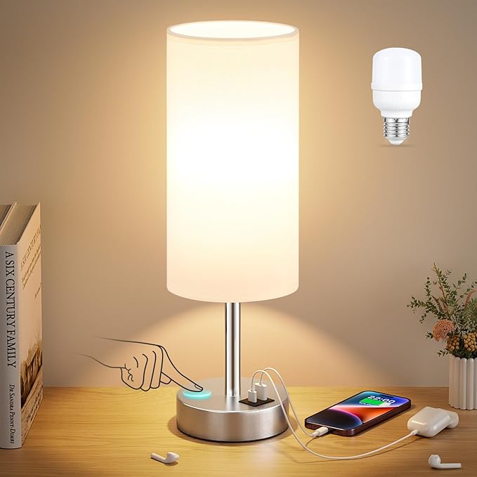 Dicoool White Touch Bedside Lamp with USB - 3 Way Dimmable Table Lamp for Bedroom, Nightstand Lamp with Nickel Charging Station and Silver LampHolder for Dorm Kids Room, Small - Bloomnest