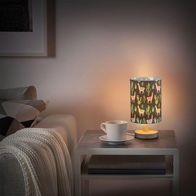 Table Lamp Watercolor Llama Alpaca Cactus Pattern Nightstand Lamp with Wood Base Fabric Lamp Shade Bedside Desk Lamp for Living Room Bedroom Kids Room Office - Bloomnest