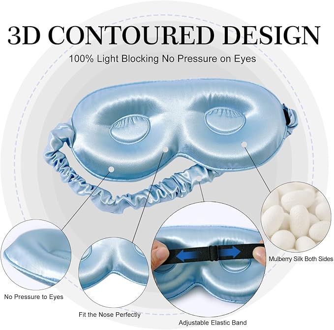 ZIMASILK Adjustable 22 Momme 100% Pure Mulberry Silk Sleep Mask, 3D Contoured Cup Eye Mask for Sleeping, Super Soft Breathable Blindfold, Perfect Blocks Light for Sleeping. (Sky Blue) - Bloomnest