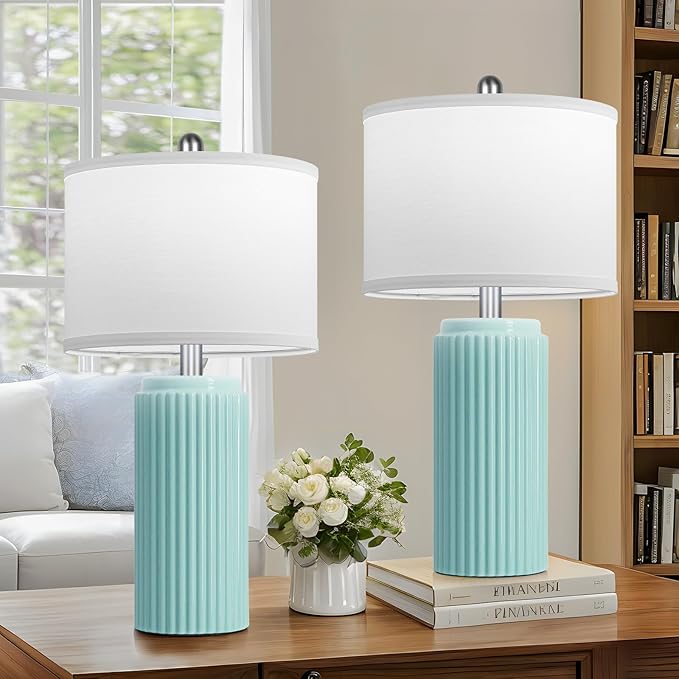 23.5’’ Light Green Coastal Table Lamps for Bedroom Set of 2, Modern Ceramic Nightstand Lamps for Living Room, Elegant Bedside Lamps with White Line Shade Set for Reading, Farmhouse Side Table Lamps - Bloomnest