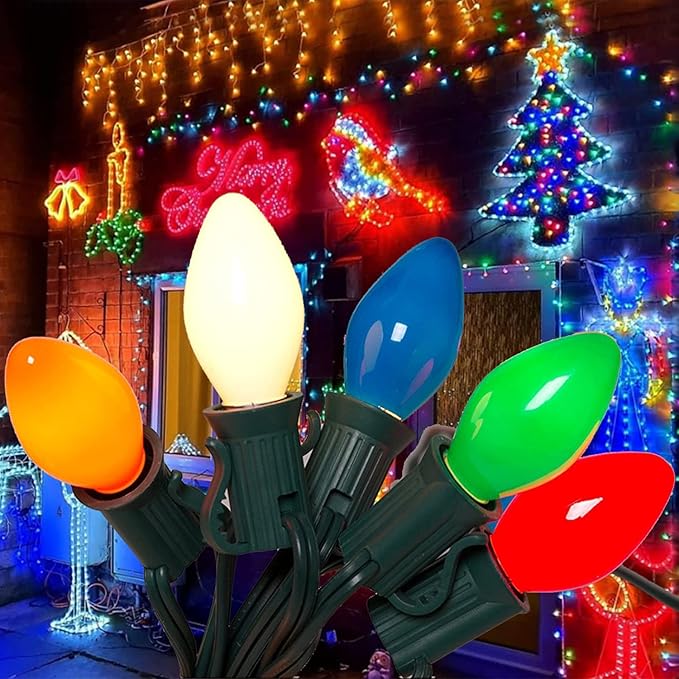 SUNSGNE 25 Pack C7 Multicolor Christmas Replacement Bulbs, Vintage Multicolor Ceramic Light Bulbs for C7 Christmas String Lights, E12/C7 Candelabra Base, 5 Watt - Bloomnest