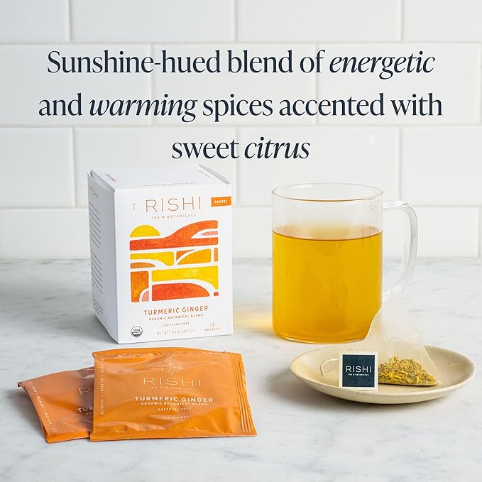Rishi Tea Turmeric Ginger Herbal Tea - Organic Sachet Bags, Caffeine Free Ayurvedic Digestive Blend with Spicy Ginger & Citrus - 15 Count (Pack of 1) - Bloomnest
