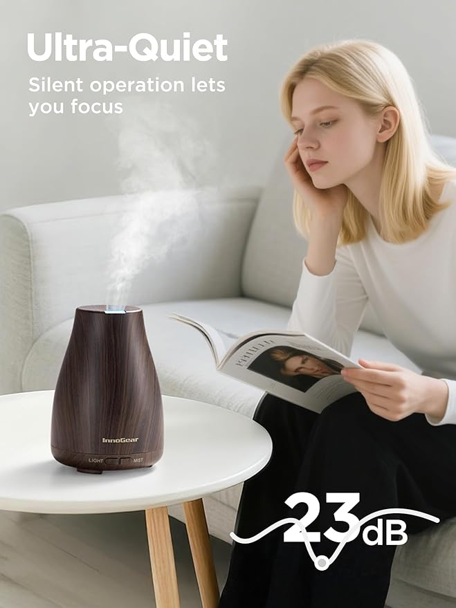 InnoGear Essential Oil Diffuser, Ultrasonic Diffusers for Home Aromatherapy Humidifier for Bedroom Room 7 Colors LED 2 Mist Mode Auto Off, Brown - Bloomnest