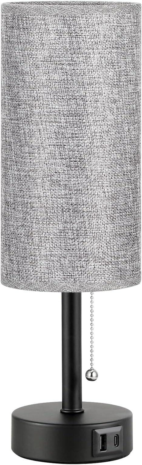 Grey Bedside Lamp for Bedroom Nightstand - Small Table Lamp with USB A + C Charging Port, 3 Color Temperatures Pull Chain Night Stand Light with Bulb, Side Table Desk Reading Lamp for Living Room/Dorm - Bloomnest