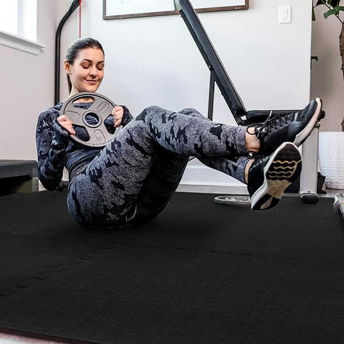 SUPERJARE 0.56'' Thick 12 Pcs 48 Sq Ft Rubber Top Exercise Equipment Mats, High Density EVA Foam Mats with Rubber Top, Interlocking Gym Flooring for Home Gym, Protective Workout Mat, Black - Bloomnest