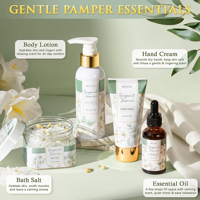 Birthday Gifts for Women, Bergamot Jasmine Relaxing Spa Gift Baskets for Women Self Care Package Bath Gift Set, Home Bath and Body Kit Pampering Valentines Day Gifts for Her Womens Mom Friends Sister - Bloomnest