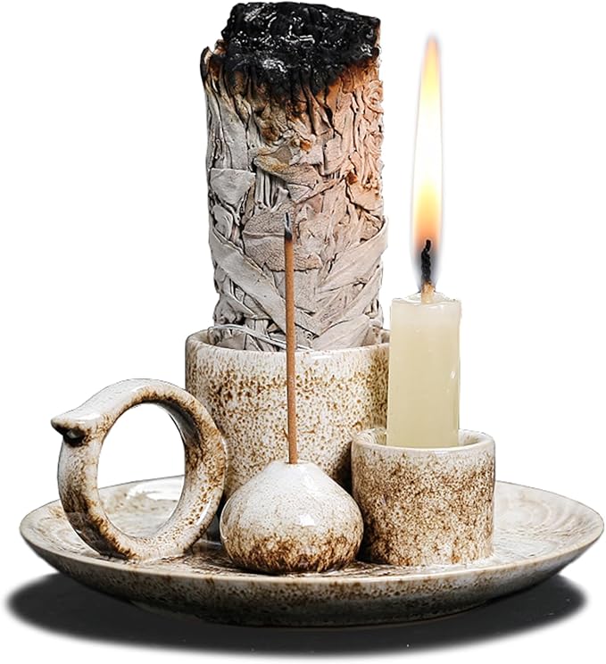 4 in 1 Ceramic Incense Burner Holder with Handle for Burning Sage, Palo Santo Stick, Joss Sticks, Candle in Your New House, Office, Yoga, Meditation Room - Bloomnest