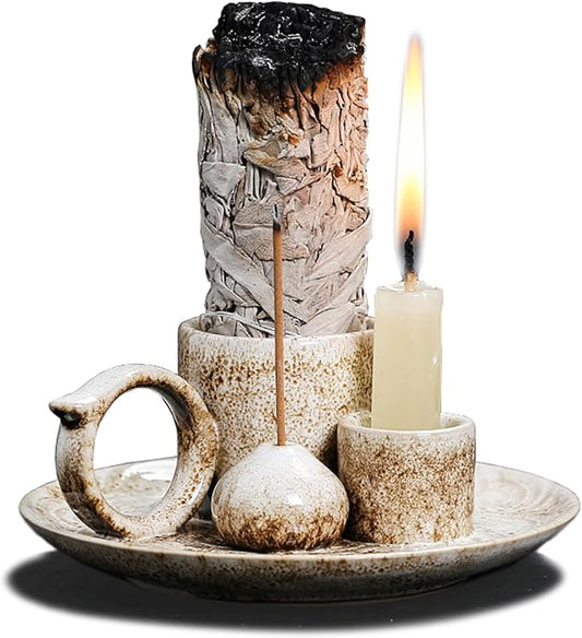 4 in 1 Ceramic Incense Burner Holder with Handle for Burning Sage, Palo Santo Stick, Joss Sticks, Candle in Your New House, Office, Yoga, Meditation Room - Bloomnest