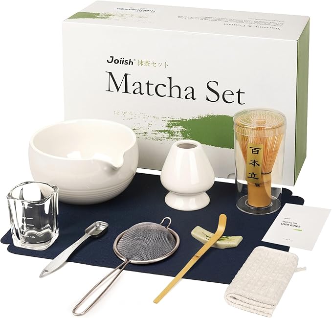 Matcha Whisk Set, Matcha Kit 10-Pcs, Bamboo Whisk and Bowl with Spout & Measuring Spoon & Glass, Japanese Tea Making Tools, White - Bloomnest