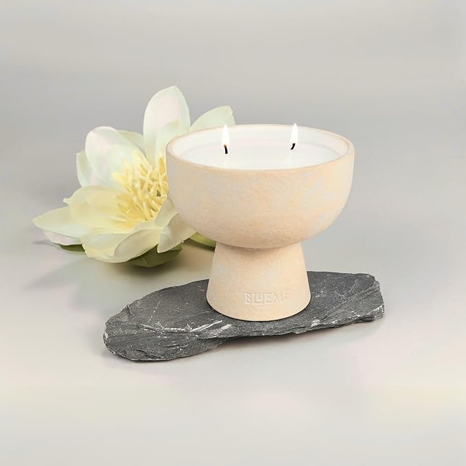BLUEME Balance-White Lotus & Tea, 2 Wick, Refillable Wellness Candle, Contains Essential Oil, Sustainable, Hand Finished, Hand Poured, Premium, Luxury Ceramic, Natural Cotton Wick, Soy-Wax Blend - Bloomnest