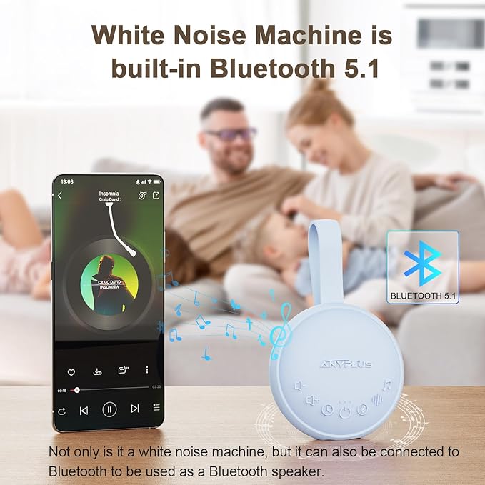 White Noise Machine for Sleeping Adults & Baby, Portable Sound Machine with 24 Soothing Sounds, Bluetooth 5.1, Battery Powered, 3 Timer Settings, Memory Function for Home, Office, Travel (Blue)