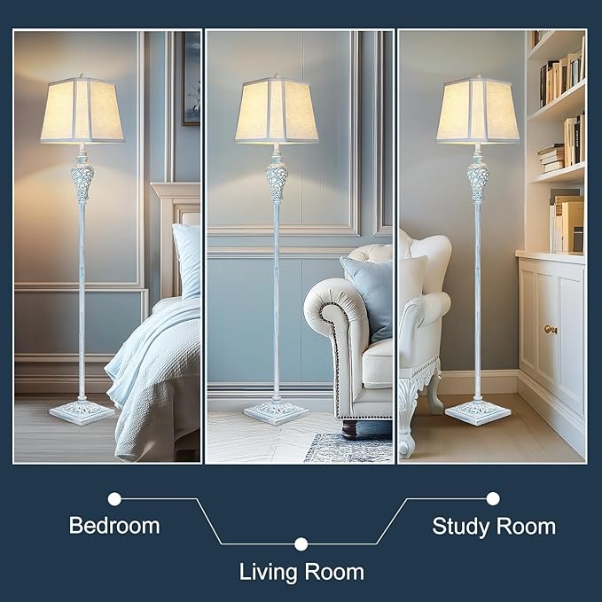 Vintage Floor Lamp with Nightlight, 65" Retro Standing Lamp with White Linen Shade, Washed Blue Finish Farmhouse Style Design Tall Lamp Decor for Living Room Bedroom Study Home Corner (Bulb Included) - Bloomnest