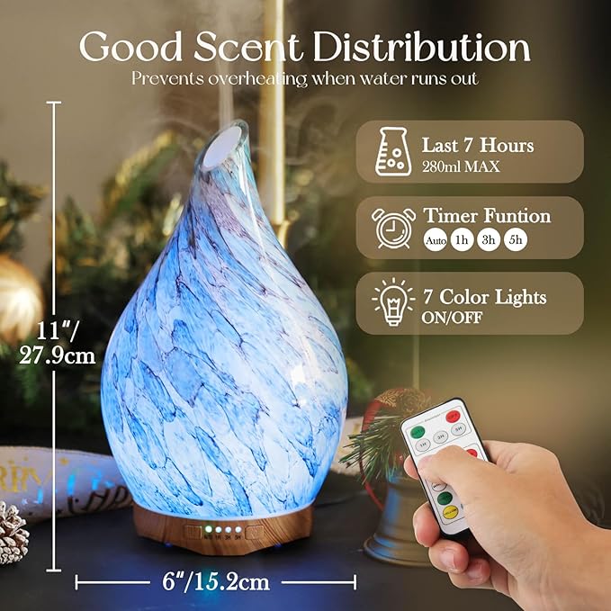 Porseme 280ml Essential Oil Diffuser Glass Color Changing Aroma Air Diffusers Aromatherapy Ultrasonic Cool Mist Humidifier with Remote Control 7 Running Hours Waterless Auto-Off (Light Blue) - Bloomnest