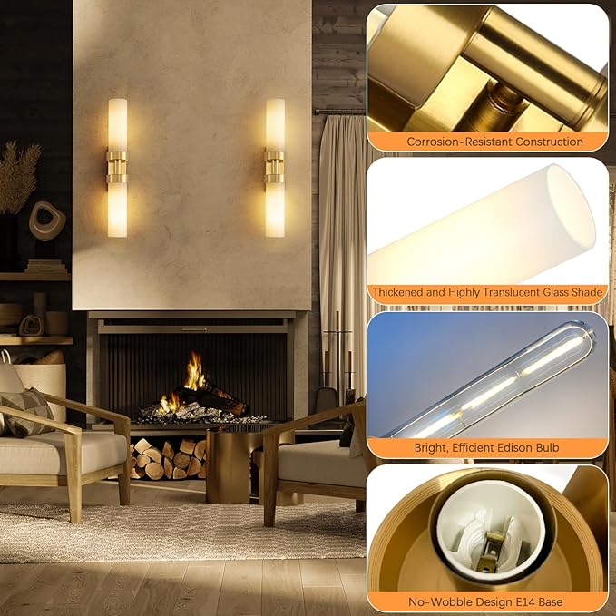 Rechargeable Wall Sconces Set of Two with Remote, Gold Battery Operated Wall Sconce with Milky Glass, Sconces Wall Decor Set of 2 Wall Light Fixtures for Bedroom Bathroom Mirror Living Room - Bloomnest