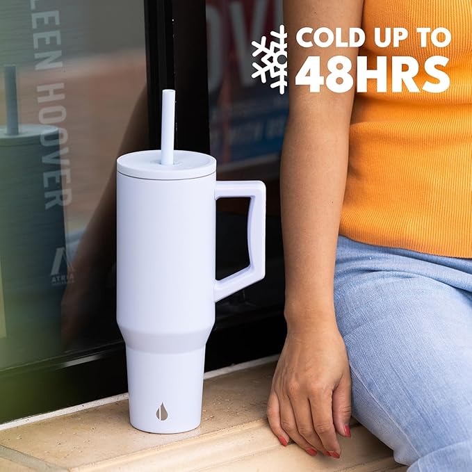 Elemental 40 oz Tumbler with Handle and Straw - Spill Proof Insulated Stainless Steel Commuter for Hot and Cold Beverages - Travel Coffee Mug with 2 Straws & Spill Proof Lid - 40oz - Ice Blue - Bloomnest