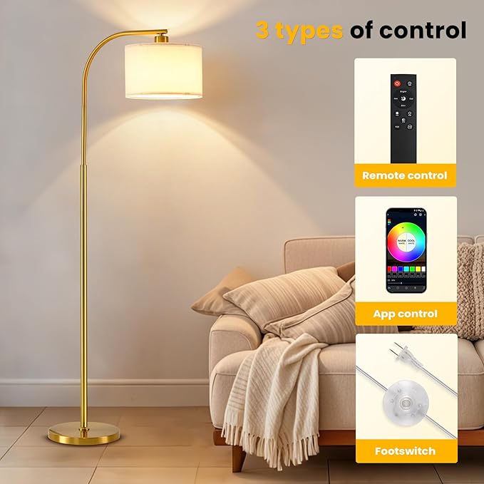 Floor Lamp for Living Room with Remote,Dimmable Tall Standing Lamps,Modern Floor Light with Smart RGB Bulb,App Control,3 Color Temperatures,Fabric Shades,Gold Floor Lamp for Bedroom Office Corner - Bloomnest