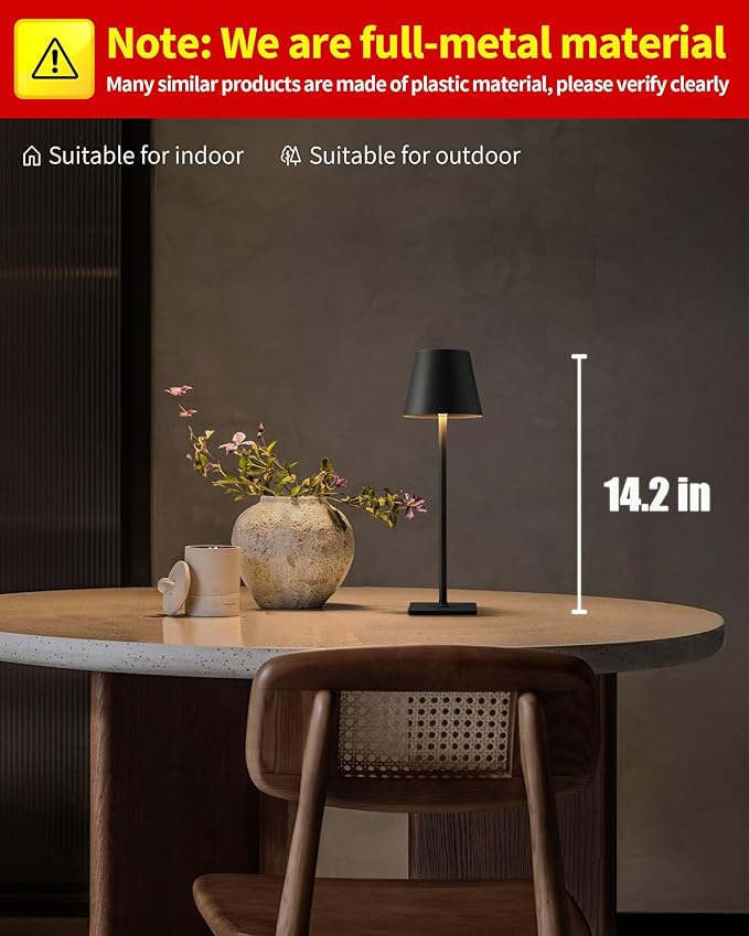 KDG Cordless Table Lamp, Portable LED Desk Lamp, 5000mAh Battery Operated, 3 Color Stepless Dimming Up, for Restaurant/Bedroom/Bars/Outdoor Party/Camping/Coffee Shop Atmosphere Night Light(Black) - Bloomnest