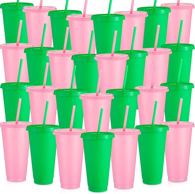 Honeydak 30 Pack Tumbler with Straw and Lid Bulk Water Bottle Iced Coffee Travel Mug Cup Reusable Plastic Cups for Party Birthdays 24-27 oz (Pink and Green Color) - Bloomnest