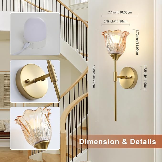 2 Pack Battery Operated Wall Sconce with Amber Glass Lampshade, Mid Century Bathroom Vanity, Wireless Rechargeable RGB Wall Light with Remote Control, for Bedroom Mirror Living Room - Bloomnest
