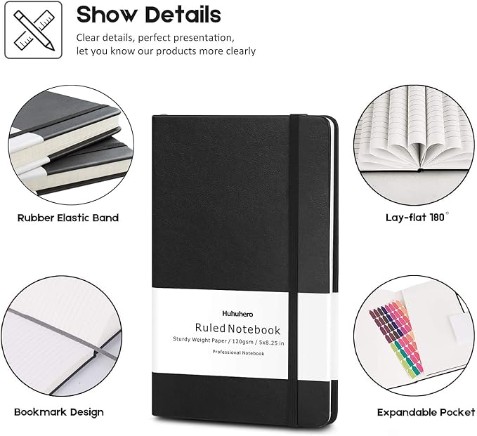 Huhuhero 10 Pack Lined Journal Notebook, 120Gsm College Ruled Thick Paper Journals for Writing, Hardcover Notebooks for Work School Business Note Taking Women Men, 5"×8.25" (10, Black) - Bloomnest