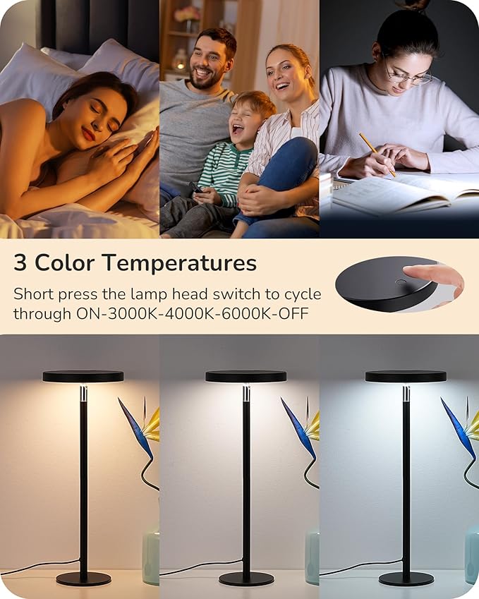 EDISHINE LED Table Lamp with 2 Adjustable Height, 5%-100% Dimmable & 3 Color Temperature, Touch Control, Modern Desk Lamp for Office, Reading, Black - Bloomnest