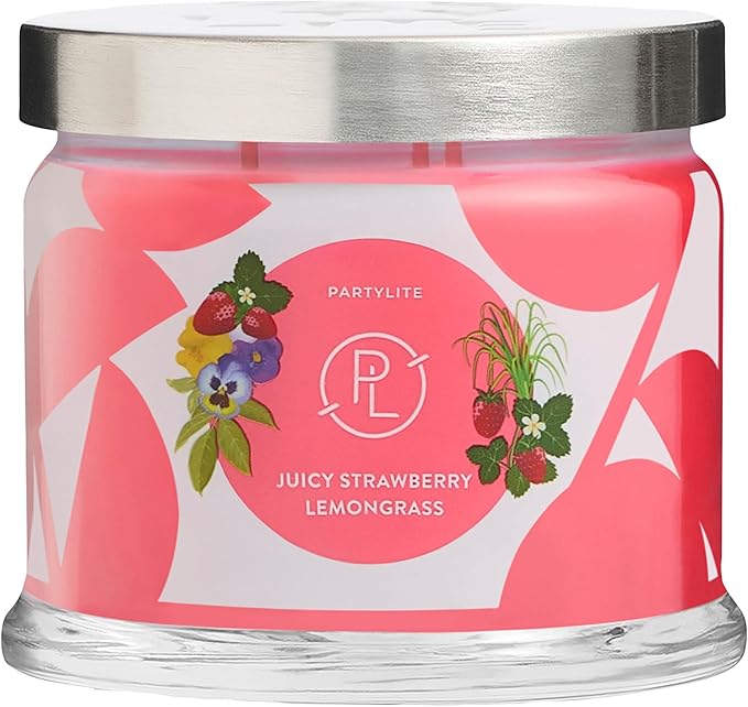 PartyLite Juicy Strawberry Lemongrass Scented, Notes of Lemongrass, Eucalyptus, Pansies, Verbena & Cedarwood, 13.2oz 3-Wick Jar Candle, 45 Hour Burn Time, Luxurious Fragrance, Ideal for Gifting - Bloomnest