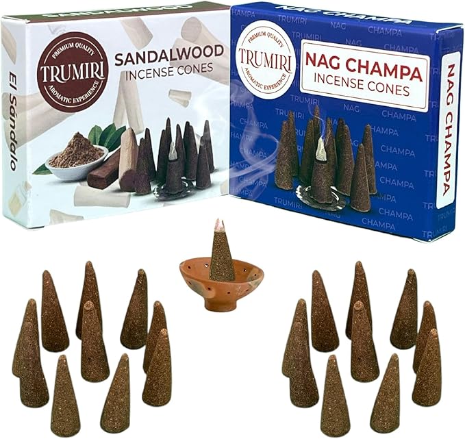 TRUMIRI Incense Cones - Combo Pack of 20 Cone Incense - 10 Nag Champa + 10 Sandalwood - Insence Cones - Incense Cones Scented - Cone Incense Scents - Insense Cones - Incent Cone TRUMIRI