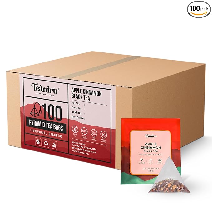 Teaniru, Apple Cinnamon Black Tea - Pure Leaf Tea |100 Pyramid Tea Bags, Individual Sachets | Energy Tea - Low Caffeine | 100% Natural Ingredients - Brew Hot or Cold | Thanks Giving - Bloomnest
