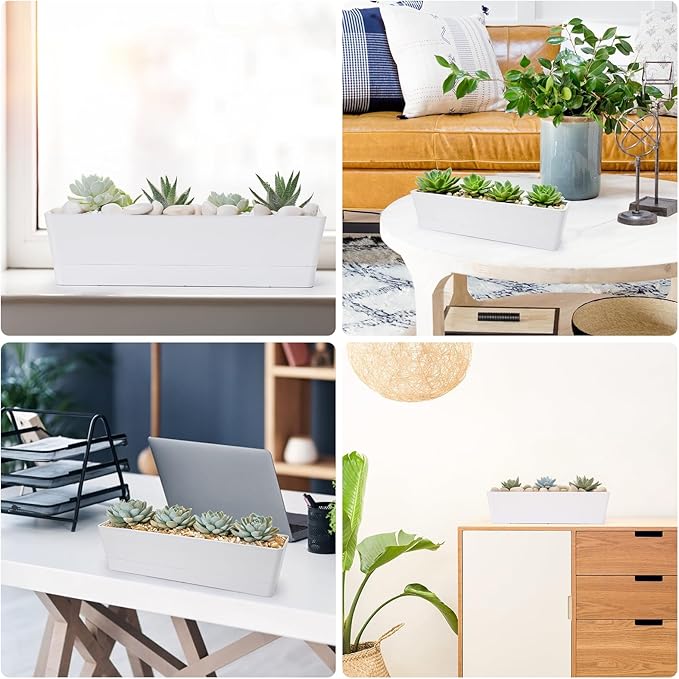 GREANER 16x3.8 Inch Window Boxes Planters, 1PCS White Vegetable Herb Planters with Tray, Indoor Succulent Cactus Flowers Plastic Rectangle Pot for Balcony, Office, Garden, Outdoor, Windowsill - Bloomnest