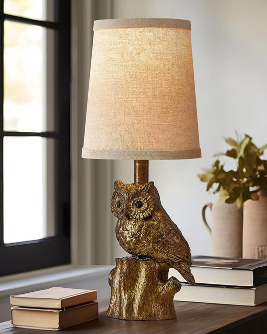 14.25" Small Table Lamp for Living Room Farmhouse Bedside Resin Single Lamp with Gold Owl Lamp Shape for Bedroom Retro Rustic Nightstand Lamp - Bloomnest