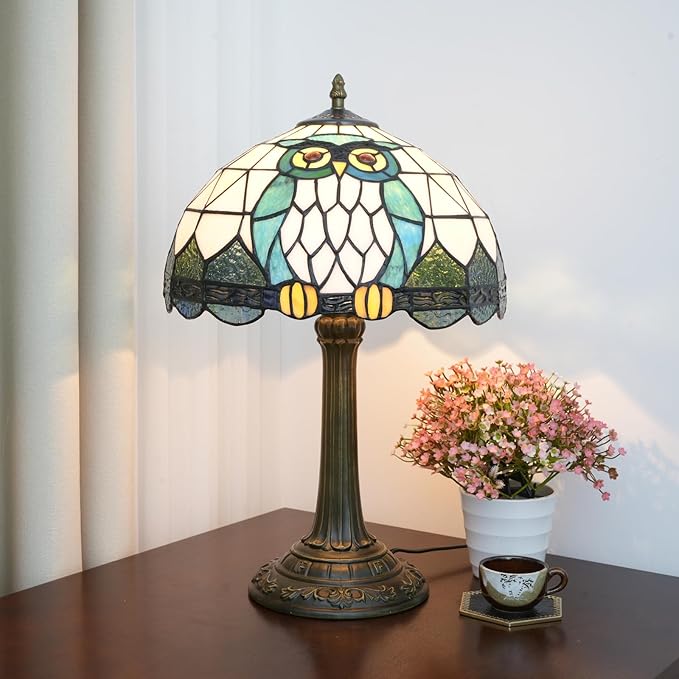 Tiffany Lamp Owl Animal Style Stained Glass Table Lamp Vintage Bedroom Bedside Light for Home Dorm Office Art Craft Antique Decor Accent Aesthetic Nightstand Reading Light 12x12x19 Inches - Bloomnest