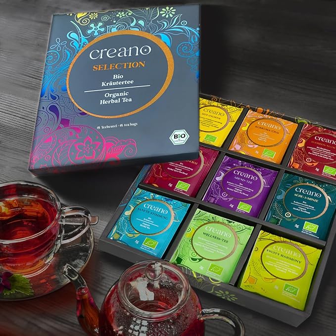 Creano Organic Herbal Tea Gift Set Grey - 45 Organic Tea Bags in 9 Different Varieties - 90 g - Bloomnest