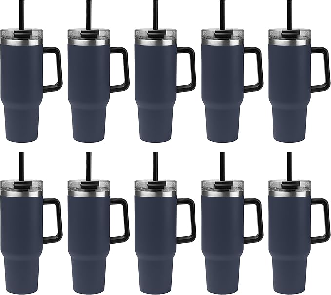 10 Ct of 40 Oz Intrepid Stainless Steel Tumbler with Lid, Straw & Handle – Navy Blue – Customizable Insulated Cups for Water, Coffee, Hot & Iced Drinks – Great for DIY, Events, Work - Bloomnest