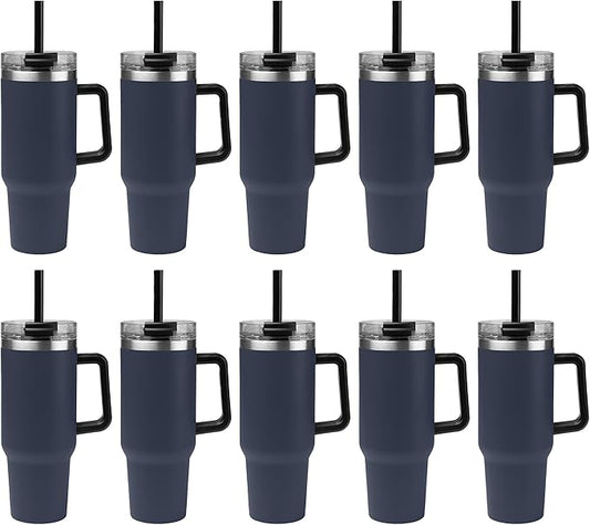 10 Ct of 40 Oz Intrepid Stainless Steel Tumbler with Lid, Straw & Handle – Navy Blue – Customizable Insulated Cups for Water, Coffee, Hot & Iced Drinks – Great for DIY, Events, Work - Bloomnest