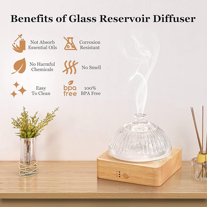 Glass Essential Oil Diffuser with Glass Reservoir & WoodBase, 200ml Ultrasonic Lock Color Timer Auto-Off 7 Color Light Aroma Glass Dome Diffuser for Home Office Bedroom Yoga - Bloomnest