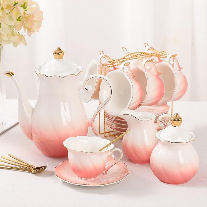 DUJUST 22 pcs Porcelain Tea Set for 6, Luxury British Style Tea/Coffee Cup Set with Golden Trim, Beautiful Tea Set for Women, Tea Party Set, Gift Package (With a Stand) - Gradient Pink - Bloomnest