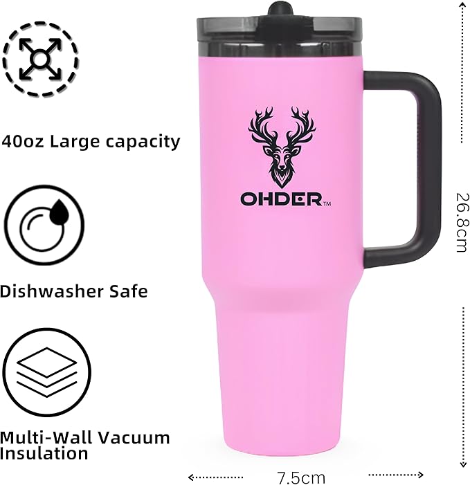 40 oz Tumbler with Handle and Straw | Vacuum Insulated Double Wall Stainless Steel Travel Mug | Leakproof, Hot and Cold | Cup Holder Friendly Base (Pink) - Bloomnest