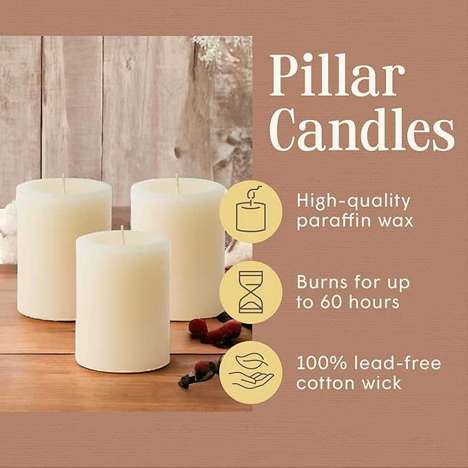Mister Candle Dripless Vanilla Scented Ivory Pillar Candles Set of 3, Hand Made Vanilla Pillar Candles with Essential Oils for Home Decor, Premium Wax, 60 Hr Burn Time (3x4 inch) - Bloomnest