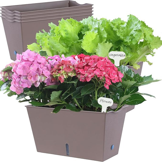Window Box Planter 6 Pcs, 12.6 Inches Self Watering Rectangle Flower Plant Pots with Drainage Holes & Breathable Trays, Vegetable Planters for Windowsill Patio Garden Balcony Porch Yard (Khaki) - Bloomnest
