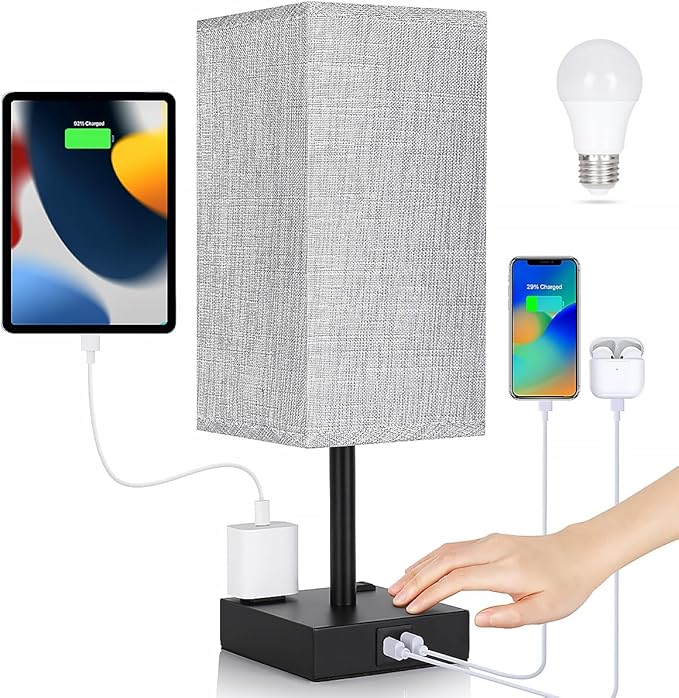 Bedside Table Lamp for Bedroom - Touch Small Lamp with USB C+A Charging Ports & AC Outlets, 3 Way Dimmable Nightstand Light for Living Room (LED Bulb Included, Grey) - Bloomnest