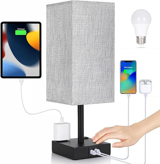 Bedside Table Lamp for Bedroom - Touch Small Lamp with USB C+A Charging Ports & AC Outlets, 3 Way Dimmable Nightstand Light for Living Room (LED Bulb Included, Grey) - Bloomnest