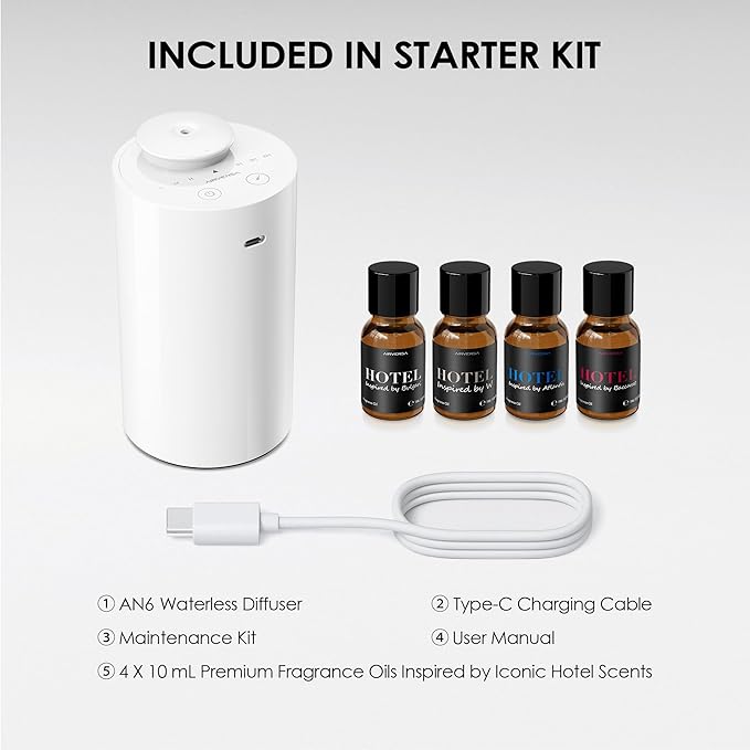 Airversa Waterless Essential Oil Diffuser Starter Kit with 4 x 10mL Hotel Scent Fragrance Oil, Battery Operated Mini Scent Air Machine Portable Diffuser for Home Car Office, AN6Kit-04 White - Bloomnest