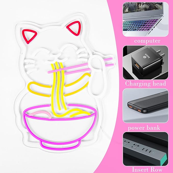 Fortune Cat Ramen Neon Sign, Japanese Noodle Neon Light Sign, Dimmable Lucky Cat LED Neon Lights for Wall Decor Restaurant Kitchen Ramen Shop Bar Room Gifts - Bloomnest