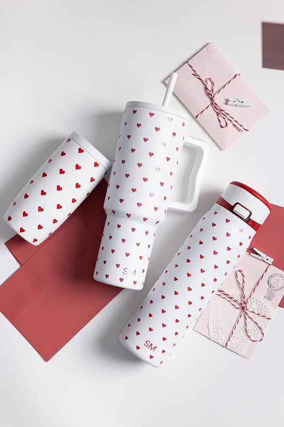 Simple Modern 40 oz Valentine's Day Trek Tumbler with Handle and Straw Lid | Cup Holder Friendly Insulated Stainless Steel Travel Mug | Crimson Hearts SimpleModern