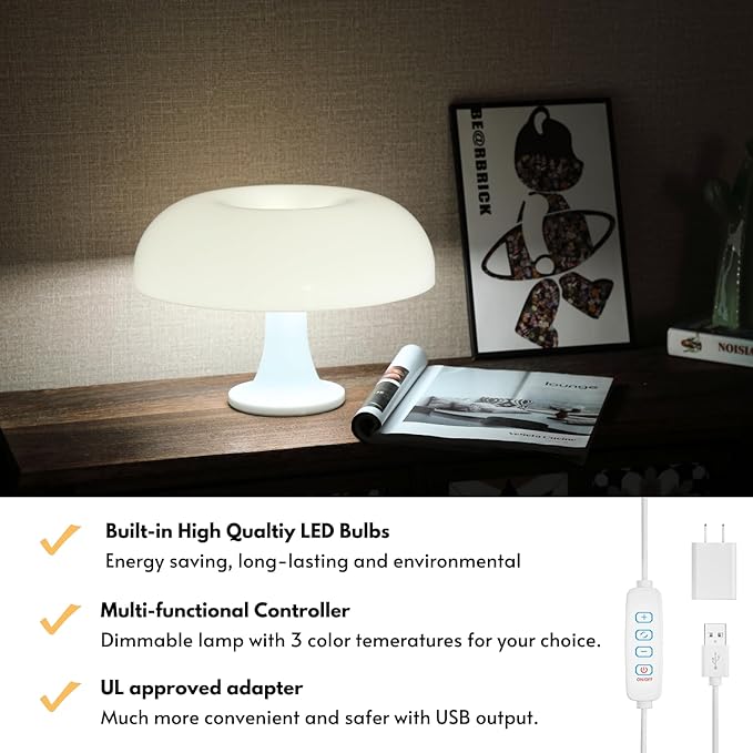 White Mushroom Lamp, Dimmable Mushroom Table Lamp with 3 Lighting Modes, 70s Retro Lamp Mid Century Modern Light Mushroom Shaped Donut Lamp for Bedroom, Cool Home Decor Aesthetic Light - Bloomnest