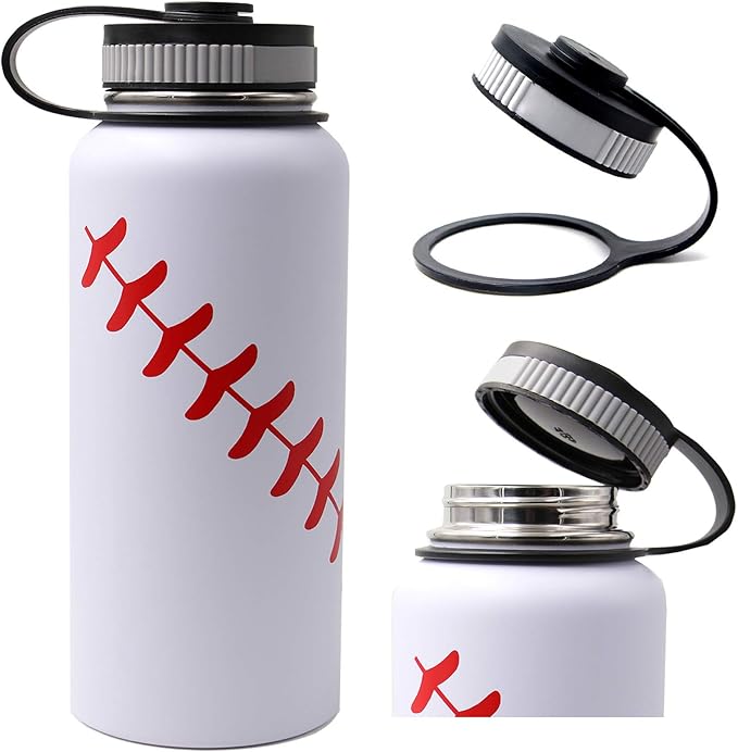 32 oz Baseball Water Bottle, Wide Mouth Sports Flask Metal Travel Tumbler with 2 Lids, Stainless Steel Double Wall Vacuum Insulated Thermo Water Bottles, Baseball Accessories Gifts for Mom Boys Girls - Bloomnest