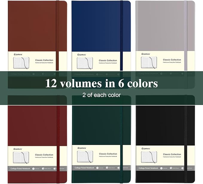 COMIX 12 Pack Lined Journal Notebooks for Women & Men, 240 Pages, Medium 5.5" x 8.3", Hardcover, Journaling Notebook for Work & Note Taking, Fits for School Home Business, Journals for Women, Men - Bloomnest
